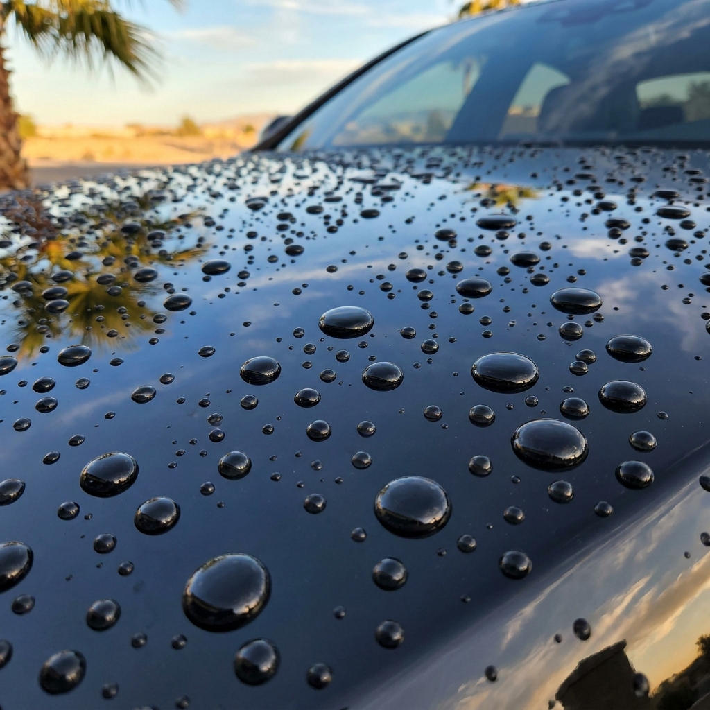 Water beading on a freshly ceramic-coated black hood — proof of hydrophobic 9H ceramic coating
