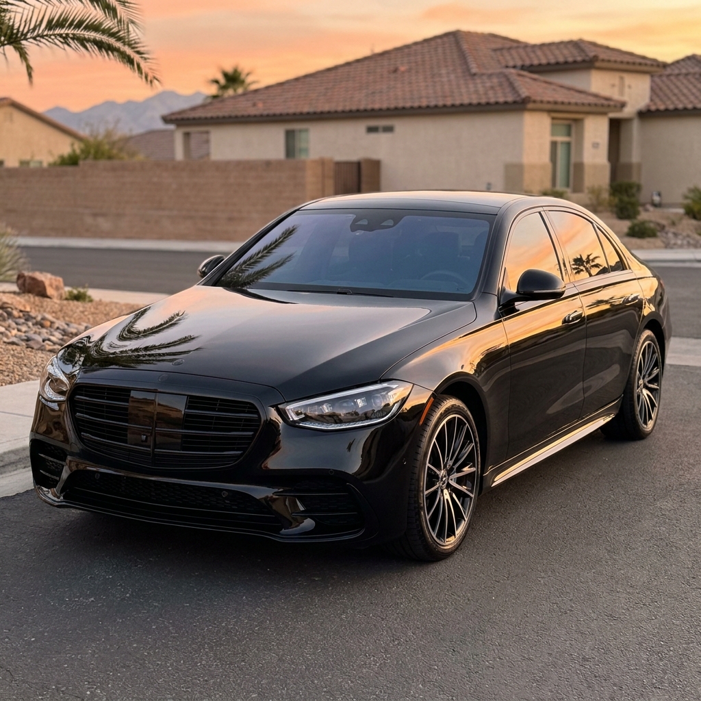 Freshly ceramic-coated jet-black Mercedes-Benz S-Class at golden hour Las Vegas — mirror finish reflecting palm trees